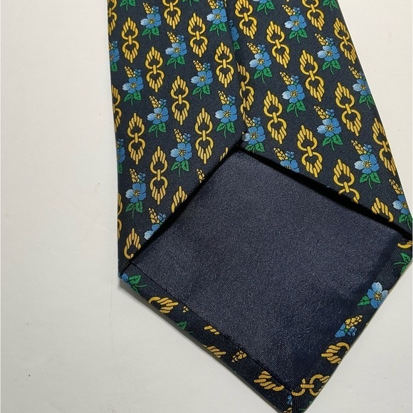 Vintage Silk Tie Hawaiian Flower Print Navy Blue Yellow Harvey Ashton - Picture 5 of 9